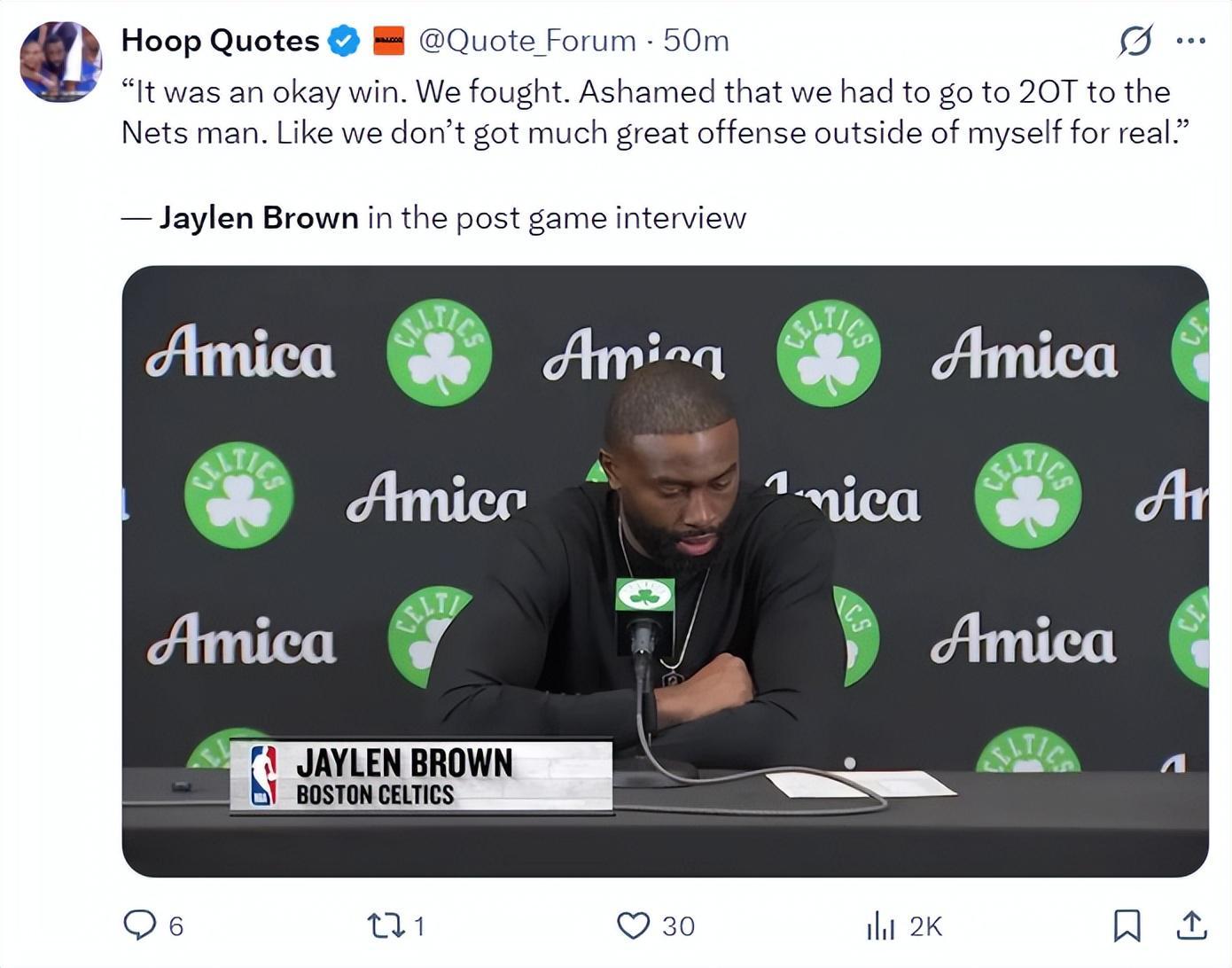 开云APP-鏖战双加时逆转！布朗27+12+10创4纪录 赛后吐槽缺乏助力扎心鸭王